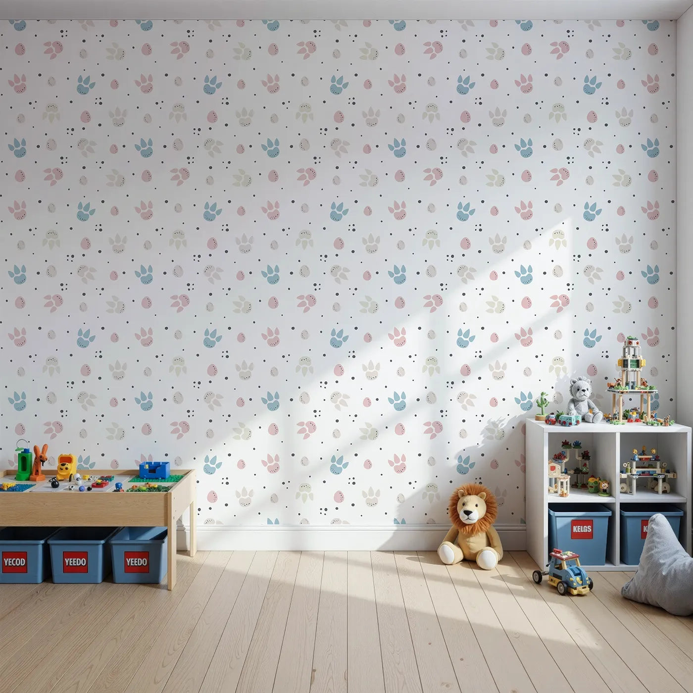 Front view of Whimsy Tots' Colorful Paw Dots Wallpaper