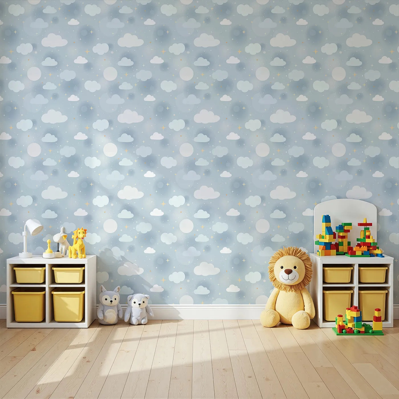 Angled view of Whimsy Tots' Cloudy Glow Skies Wallpaper in Blue (W3464).Dreamy clouds and glowing stars drift across a peaceful blue sky.