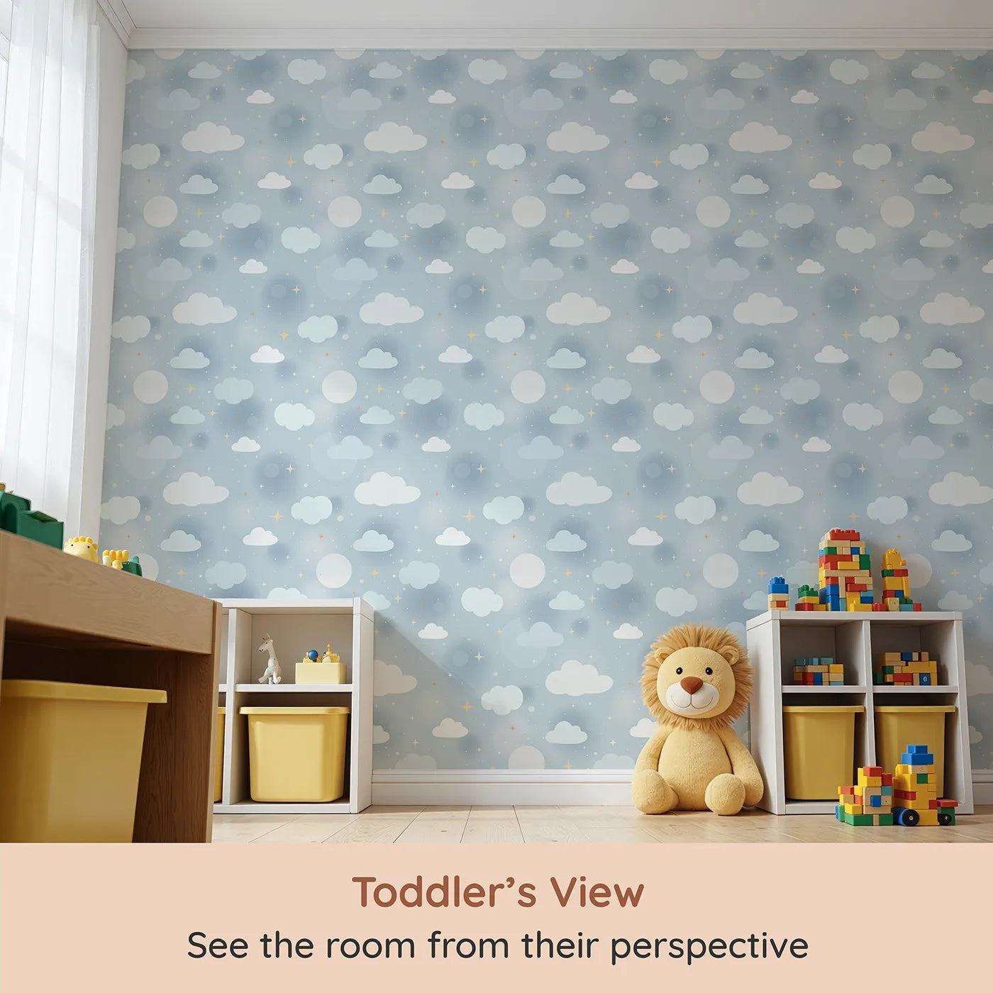 Whimsy Tots Cloudy Glow Skies Wallpaper in Blue (W3464) from your child's view.Dreamy clouds and glowing stars drift across a peaceful blue sky.