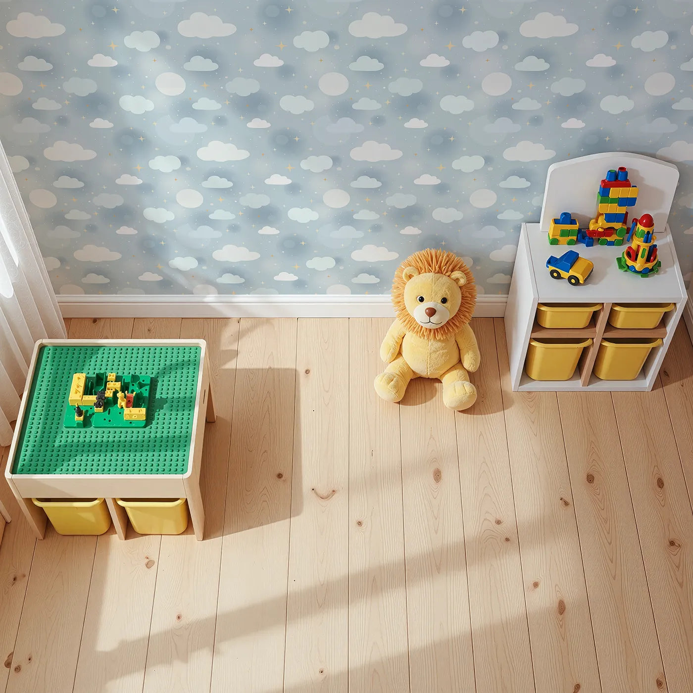Top-Down view of Whimsy Tots' Cloudy Glow Skies Wallpaper in Blue (W3464).Dreamy clouds and glowing stars drift across a peaceful blue sky.