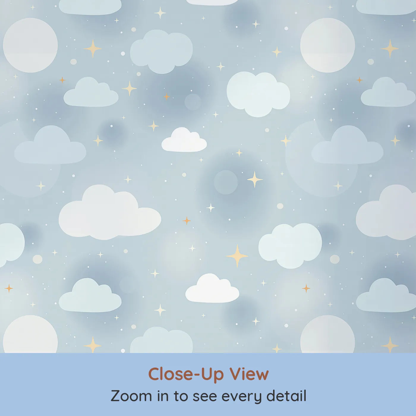 Close-up view of Whimsy Tots' Cloudy Glow Skies Wallpaper in Blue (W3464).Dreamy clouds and glowing stars drift across a peaceful blue sky.