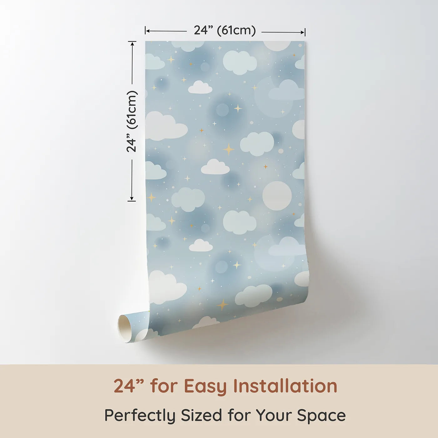 Dimension view of Whimsy Tots Cloudy Glow Skies Wallpaper in Blue (W3464). Printed in 24-inch-wide panel for easy installation. Dreamy clouds and glowing stars drift across a peaceful blue sky.