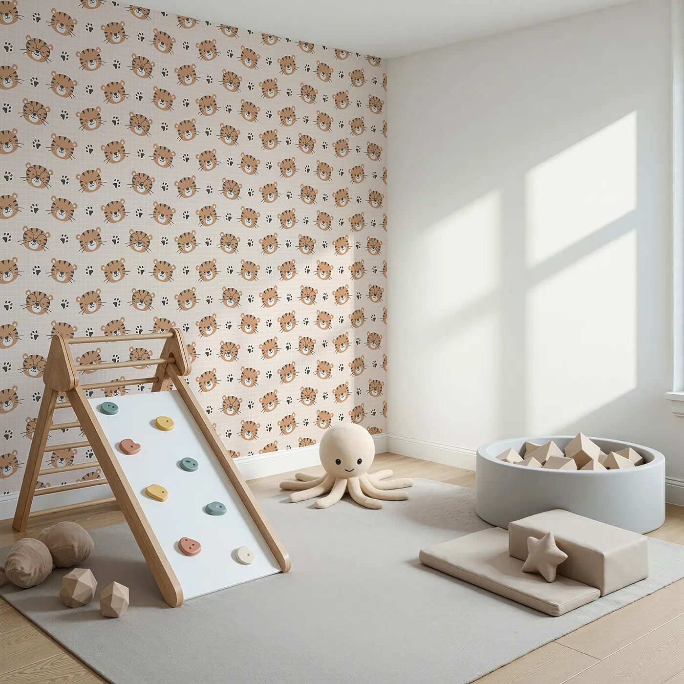 Angled view of Whimsy Tots' Tiger Grid Giggles Wallpaper in Blush Pink (W3465A).Smiling tiger faces play across a cozy grid of soft blush.