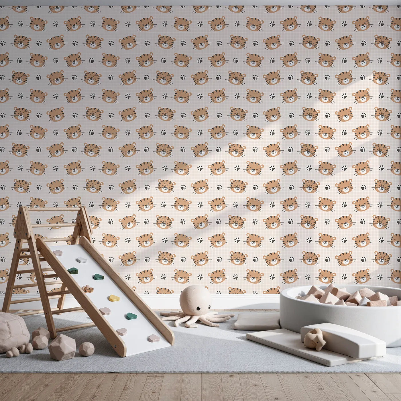 Front view of Whimsy Tots' Tiger Grid Giggles Wallpaper in Blush Pink