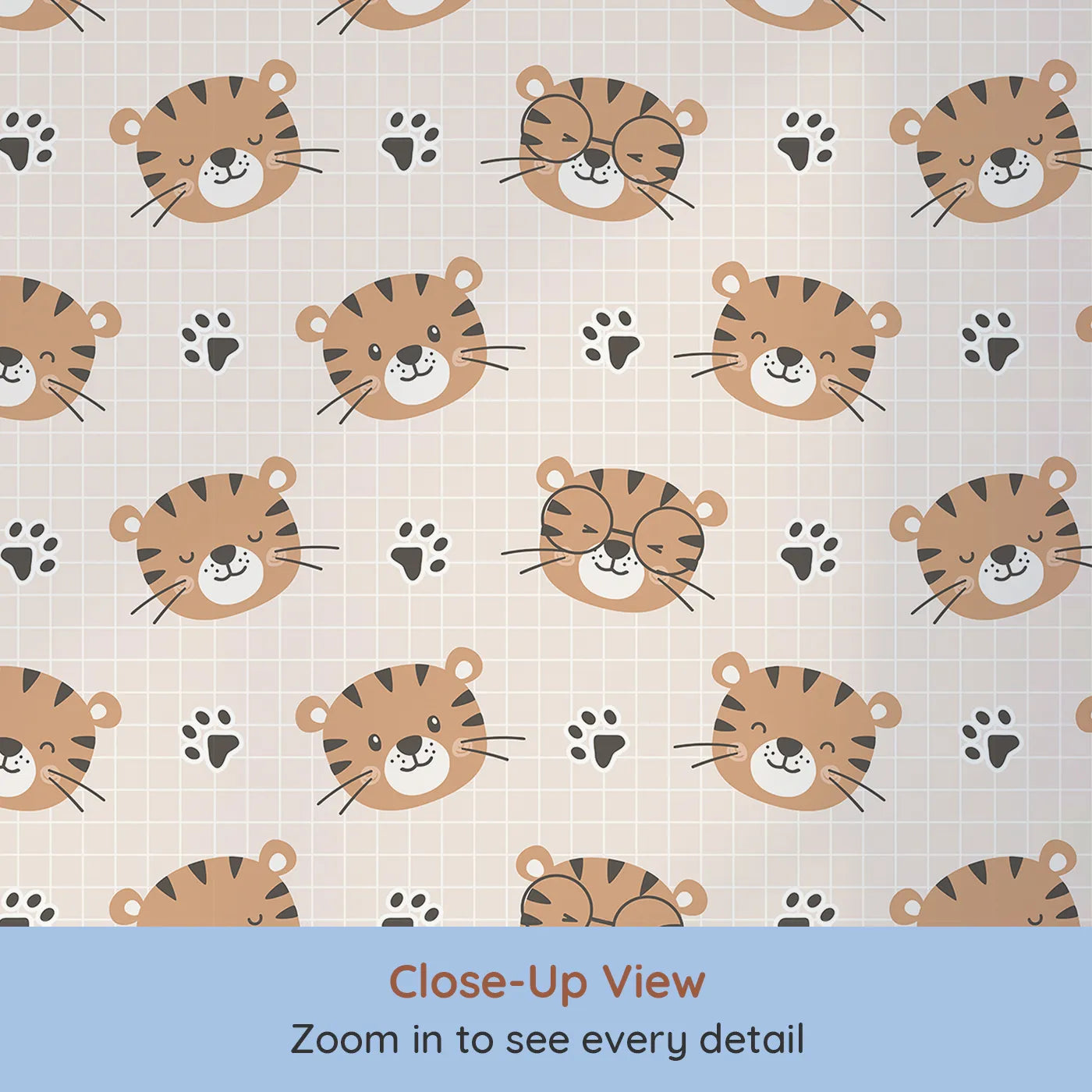 Close-up view of Whimsy Tots' Tiger Grid Giggles Wallpaper in Blush Pink (W3465A).Smiling tiger faces play across a cozy grid of soft blush.