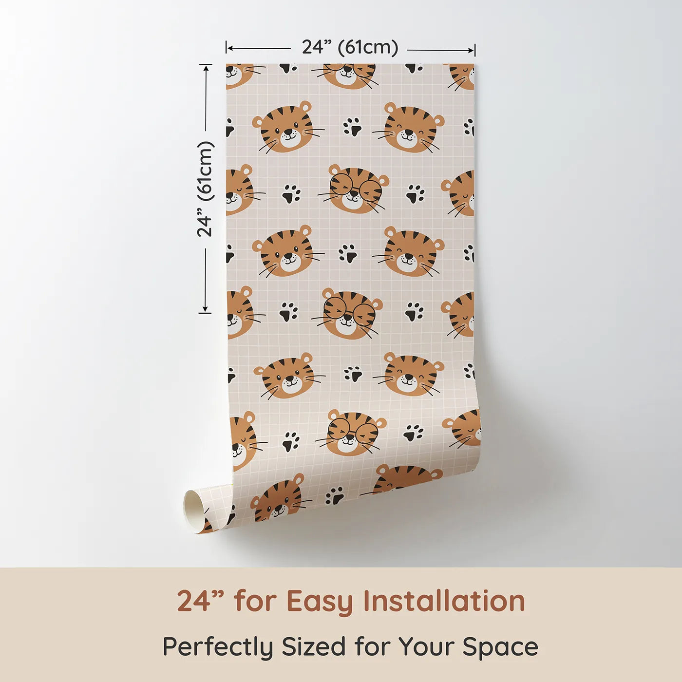Dimension view of Whimsy Tots Tiger Grid Giggles Wallpaper in Blush Pink (W3465A). Printed in 24-inch-wide panel for easy installation. Smiling tiger faces play across a cozy grid of soft blush.