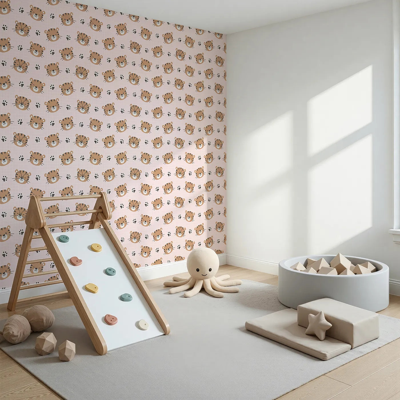 Angled view of Whimsy Tots' Tiger Grid Giggles Wallpaper in Pink (W3465B).Adorable tiger faces and paw prints play across a sweet pink grid.