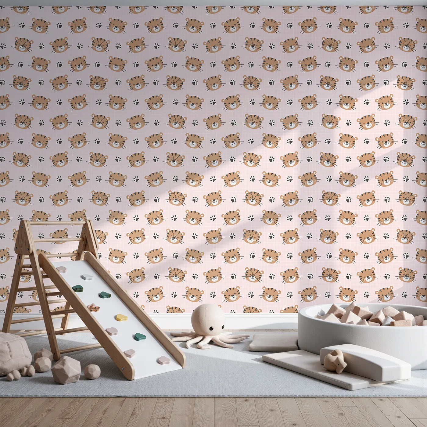 Front view of Whimsy Tots' Tiger Grid Giggles Wallpaper in Pink