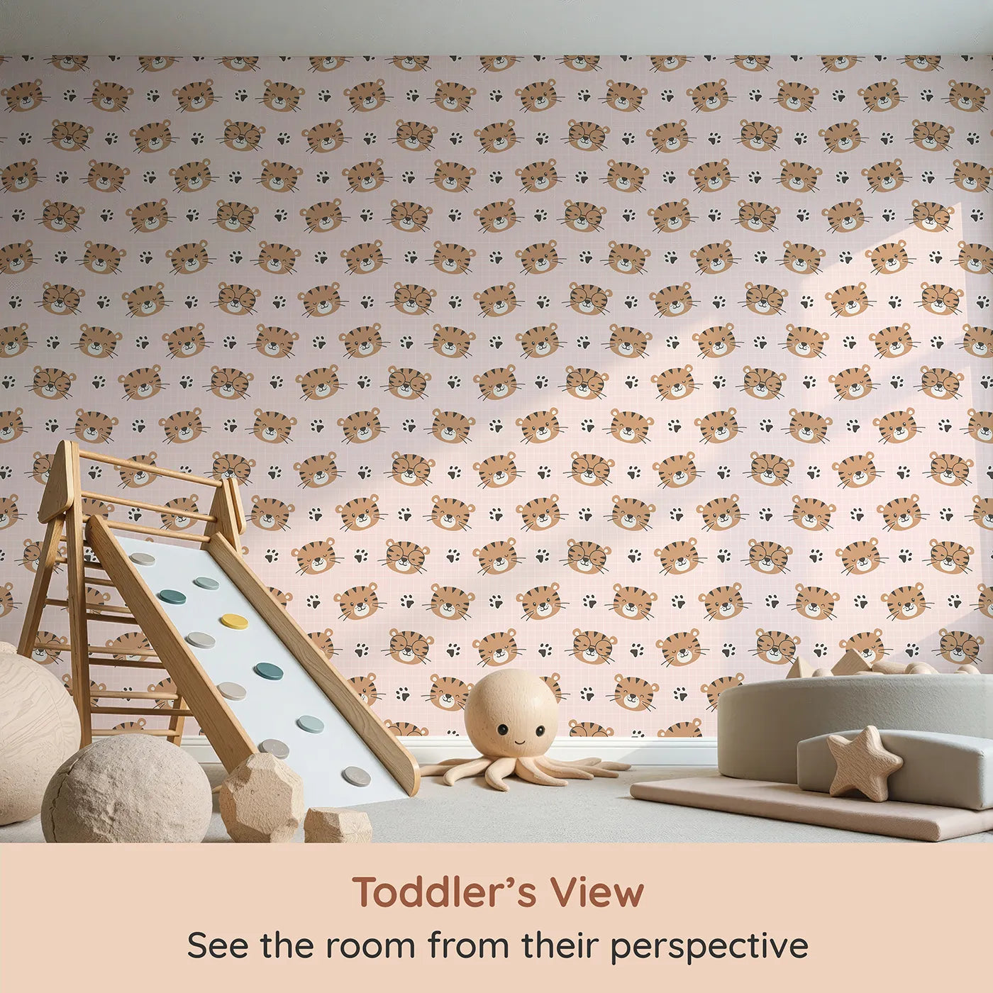 Whimsy Tots Tiger Grid Giggles Wallpaper in Pink (W3465B) from your child's view.Adorable tiger faces and paw prints play across a sweet pink grid.