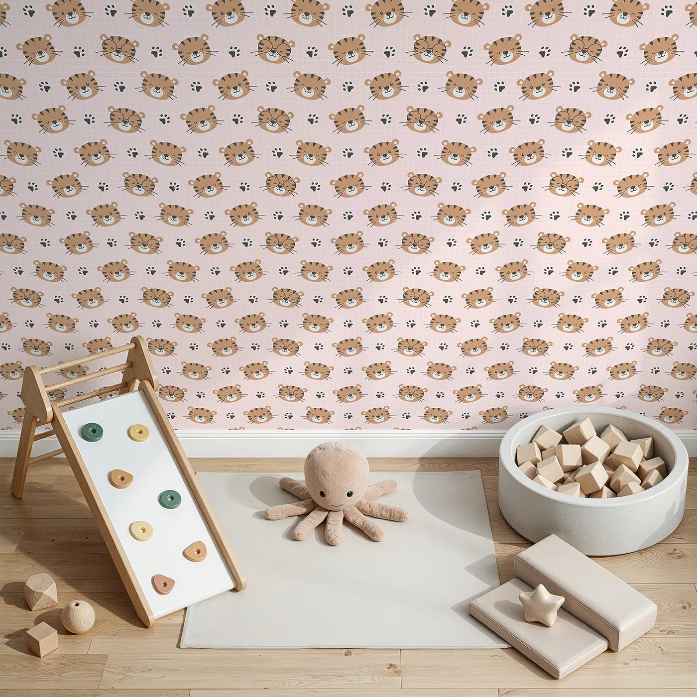 Top-Down view of Whimsy Tots' Tiger Grid Giggles Wallpaper in Pink (W3465B).Adorable tiger faces and paw prints play across a sweet pink grid.