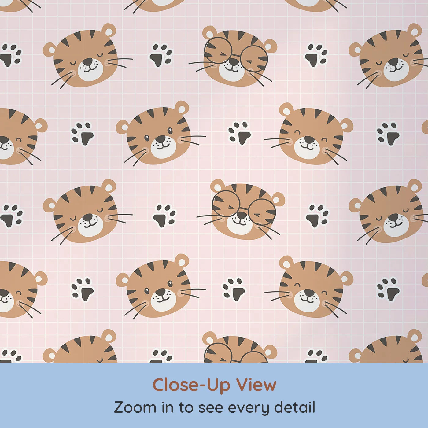 Close-up view of Whimsy Tots' Tiger Grid Giggles Wallpaper in Pink (W3465B).Adorable tiger faces and paw prints play across a sweet pink grid.