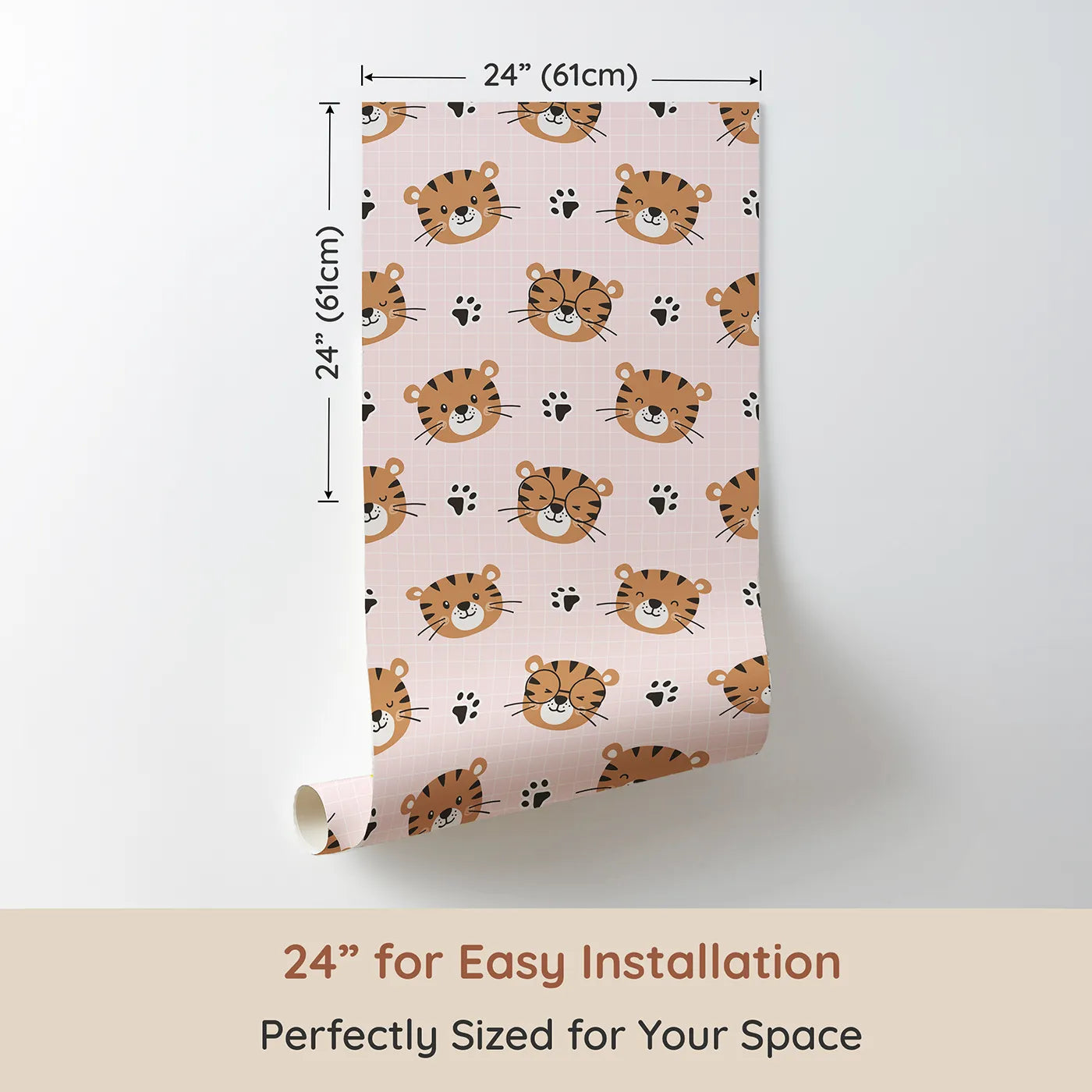 Dimension view of Whimsy Tots Tiger Grid Giggles Wallpaper in Pink (W3465B). Printed in 24-inch-wide panel for easy installation. Adorable tiger faces and paw prints play across a sweet pink grid.