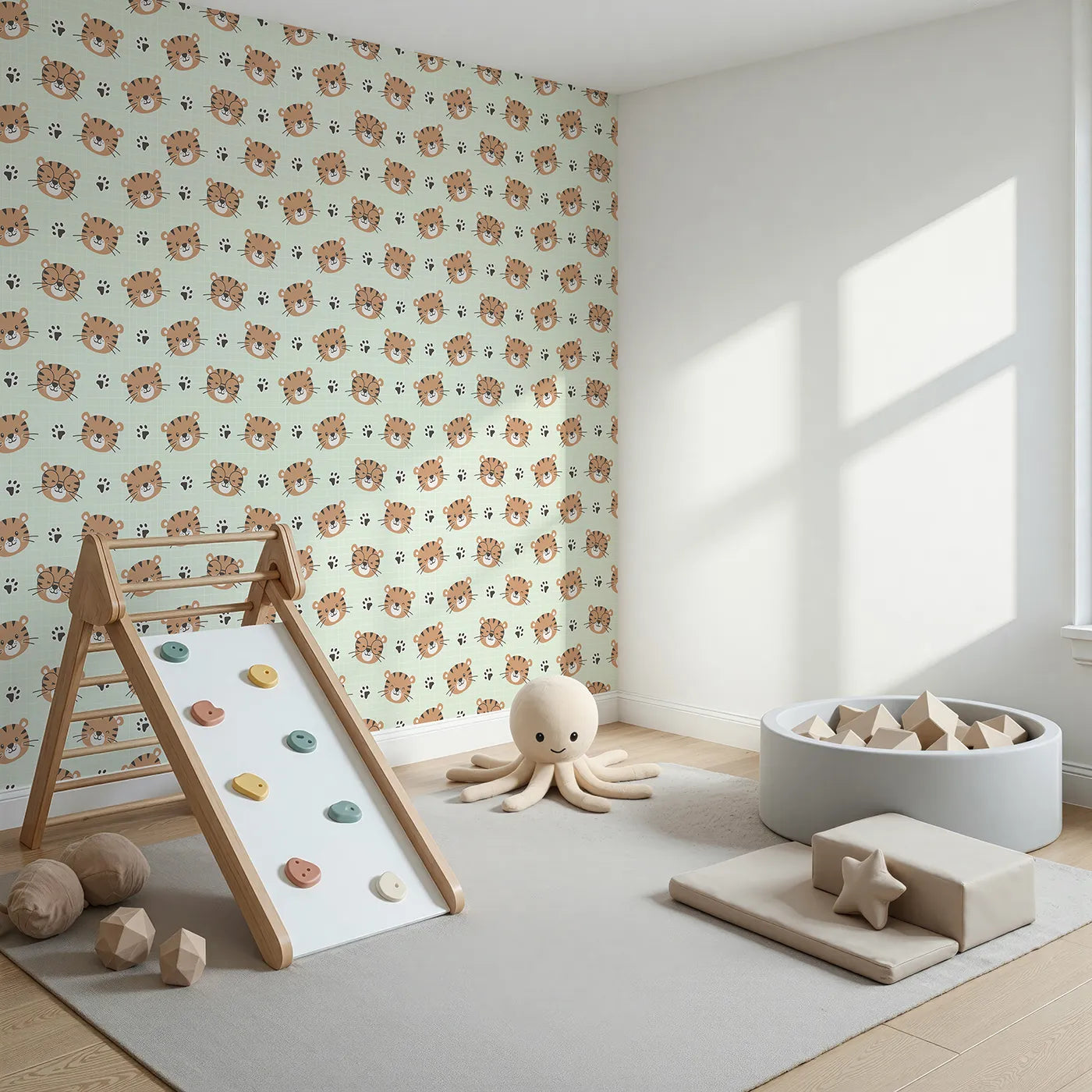 Angled view of Whimsy Tots' Tiger Grid Giggles Wallpaper in Mint Green (W3465C).Friendly tiger faces and paw prints prance across a soft mint grid.