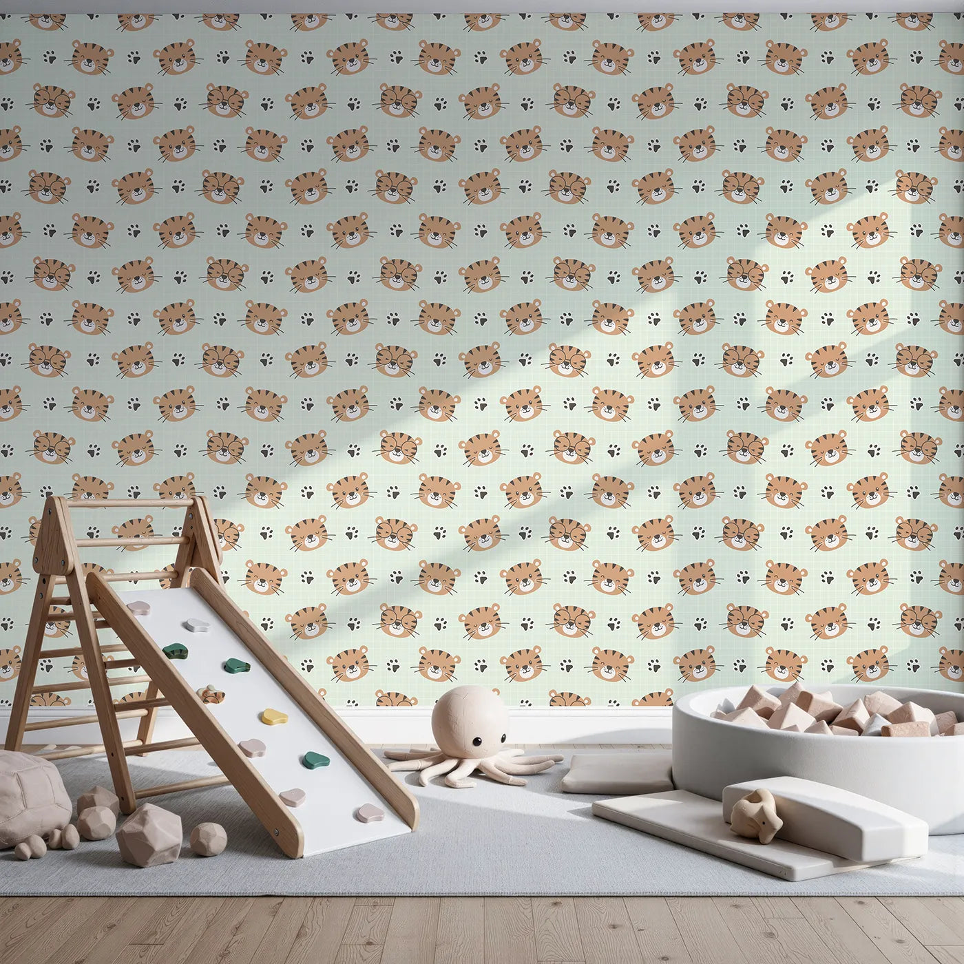 Front view of Whimsy Tots' Tiger Grid Giggles Wallpaper in Mint Green