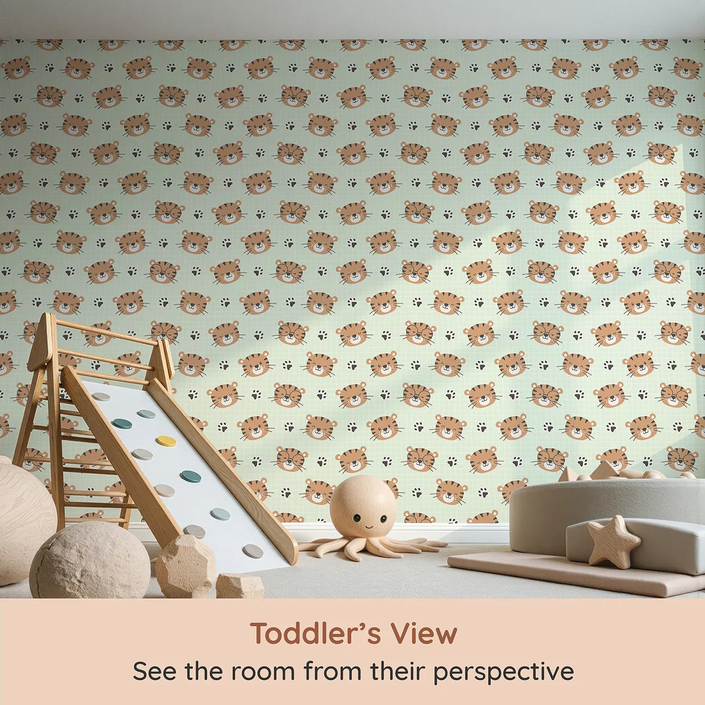 Whimsy Tots Tiger Grid Giggles Wallpaper in Mint Green (W3465C) from your child's view.Friendly tiger faces and paw prints prance across a soft mint grid.