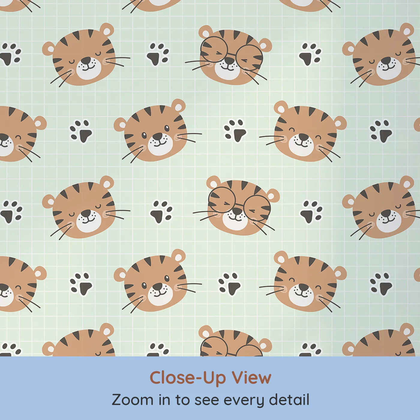 Close-up view of Whimsy Tots' Tiger Grid Giggles Wallpaper in Mint Green (W3465C).Friendly tiger faces and paw prints prance across a soft mint grid.
