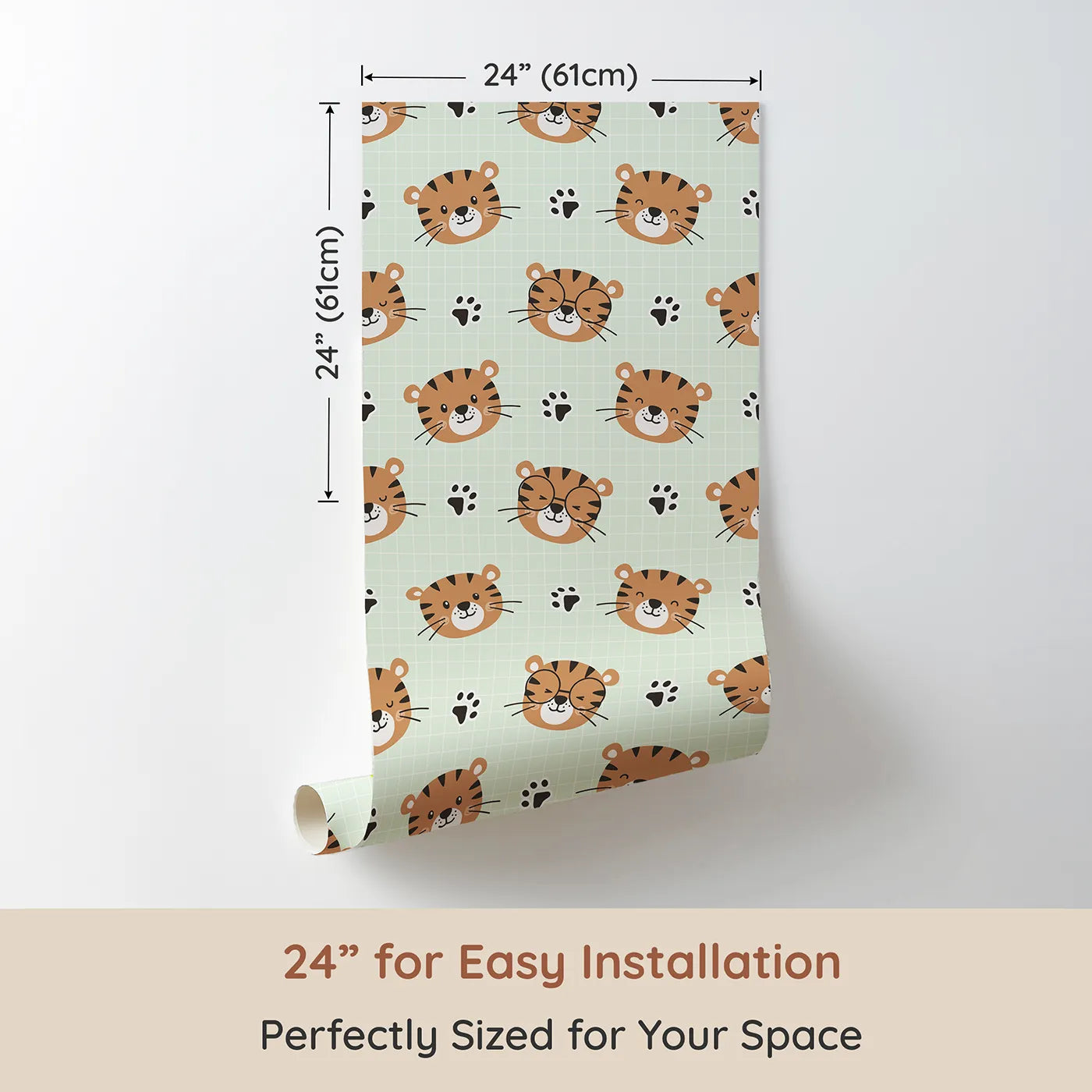Dimension view of Whimsy Tots Tiger Grid Giggles Wallpaper in Mint Green (W3465C). Printed in 24-inch-wide panel for easy installation. Friendly tiger faces and paw prints prance across a soft mint grid.