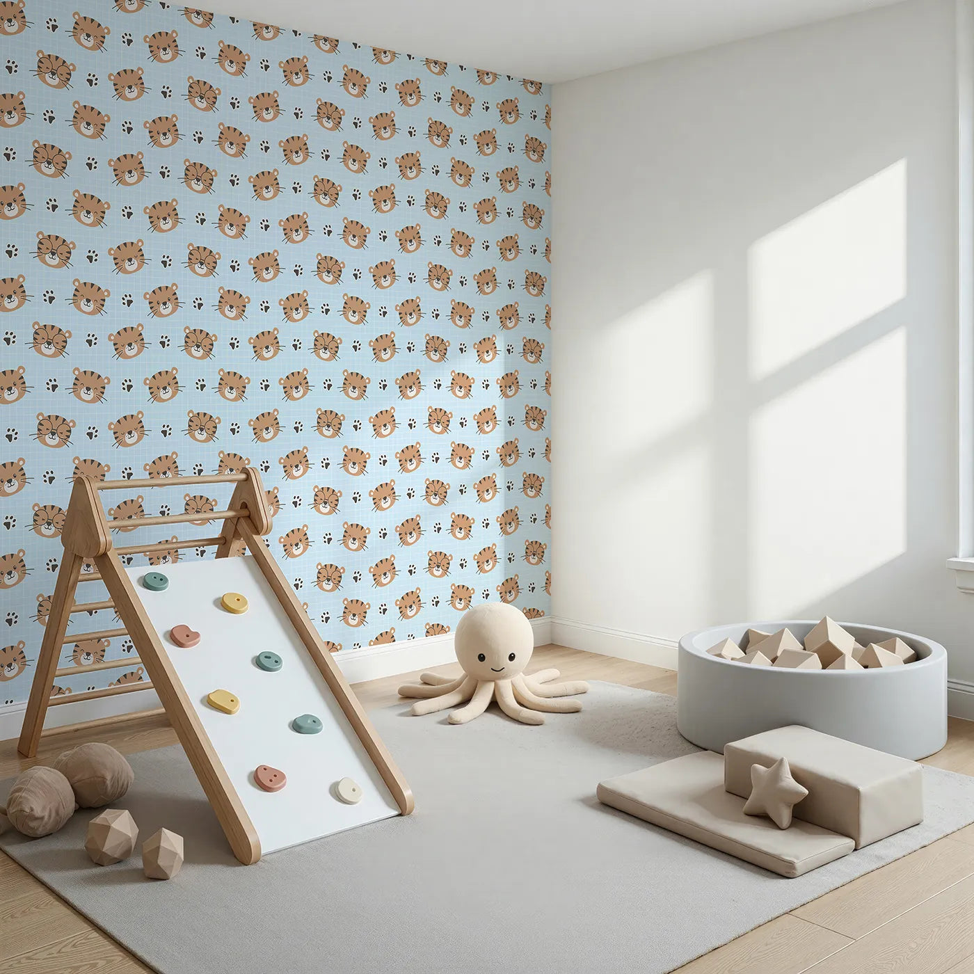 Angled view of Whimsy Tots' Tiger Grid Giggles Wallpaper in Blue (W3465D).Playful tiger faces and paw prints pop against a crisp blue grid.