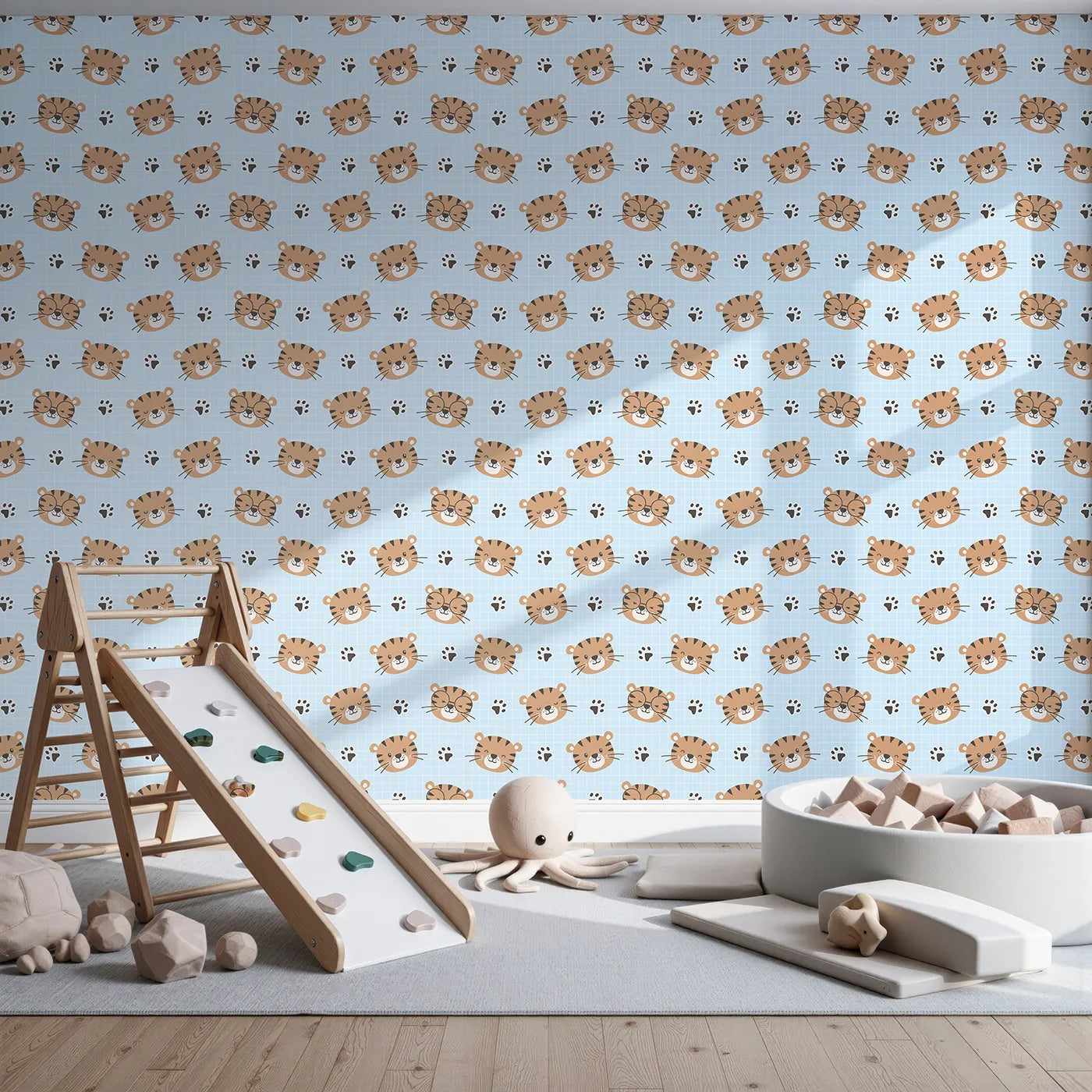 Front view of Whimsy Tots' Tiger Grid Giggles Wallpaper in Blue