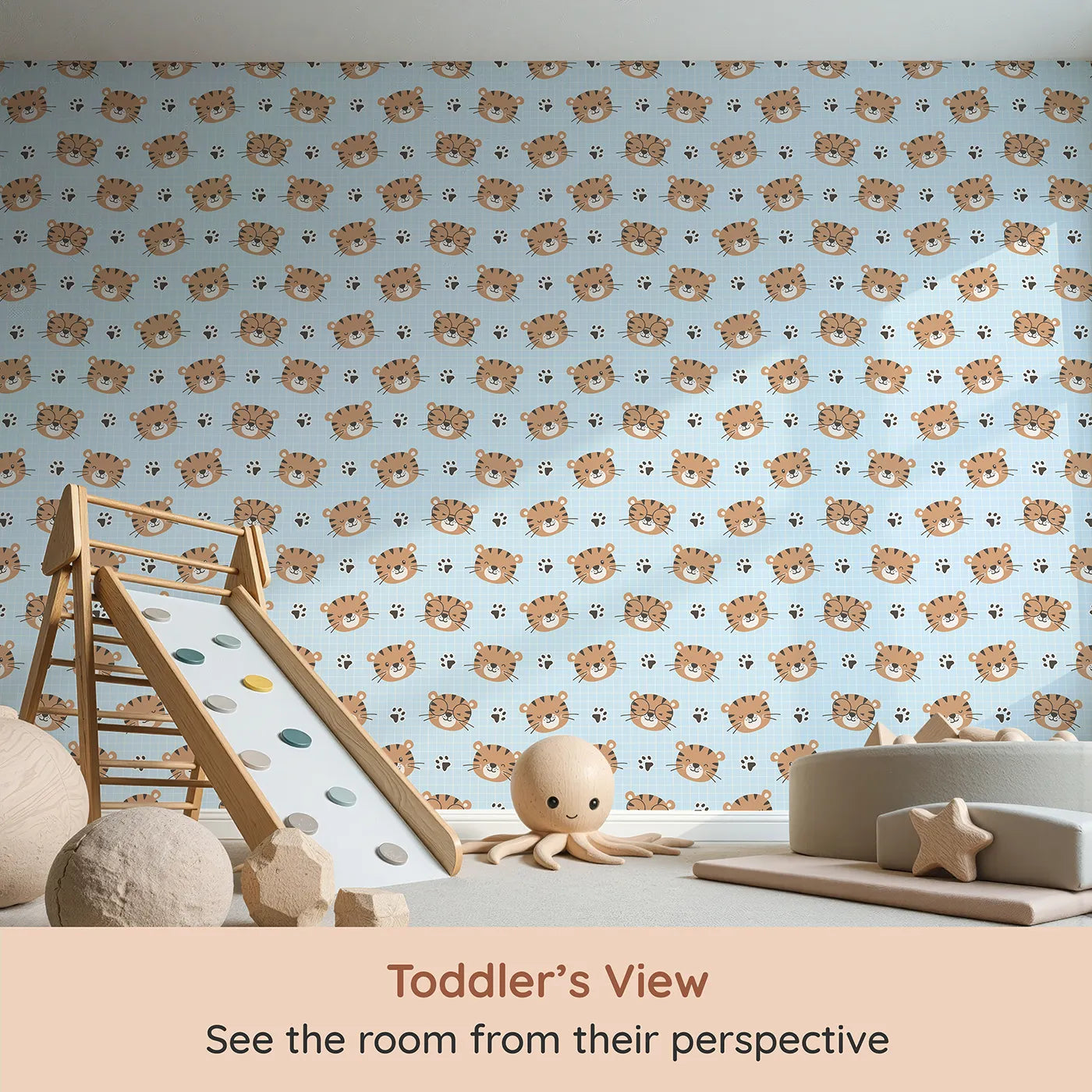 Whimsy Tots Tiger Grid Giggles Wallpaper in Blue (W3465D) from your child's view.Playful tiger faces and paw prints pop against a crisp blue grid.