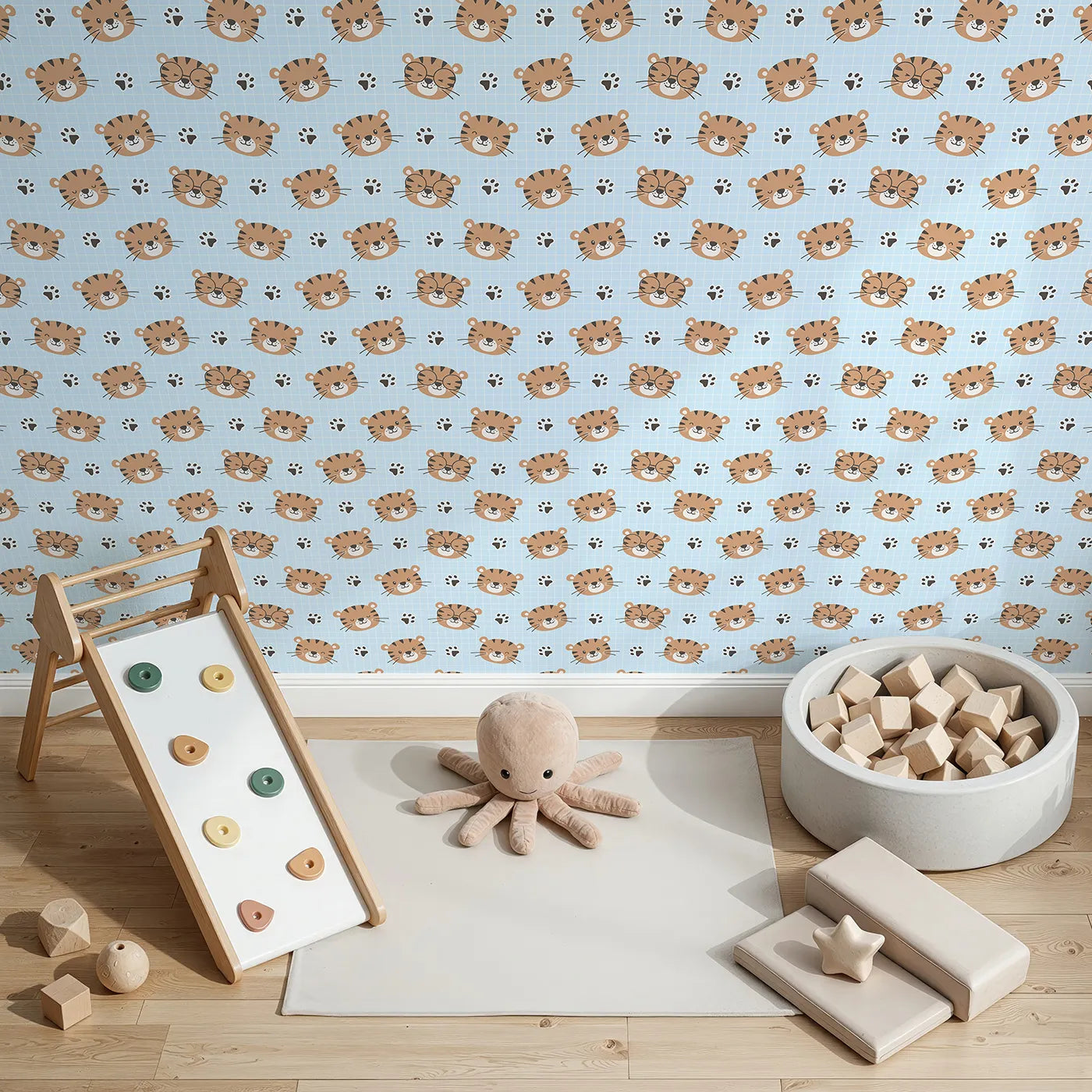 Top-Down view of Whimsy Tots' Tiger Grid Giggles Wallpaper in Blue (W3465D).Playful tiger faces and paw prints pop against a crisp blue grid.