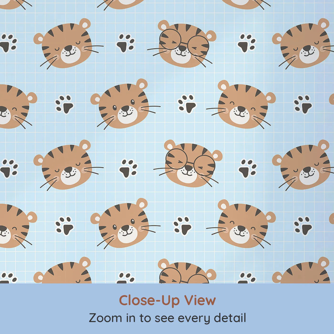 Close-up view of Whimsy Tots' Tiger Grid Giggles Wallpaper in Blue (W3465D).Playful tiger faces and paw prints pop against a crisp blue grid.
