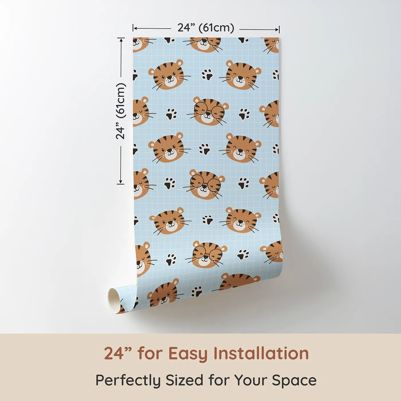 Dimension view of Whimsy Tots Tiger Grid Giggles Wallpaper in Blue (W3465D). Printed in 24-inch-wide panel for easy installation. Playful tiger faces and paw prints pop against a crisp blue grid.