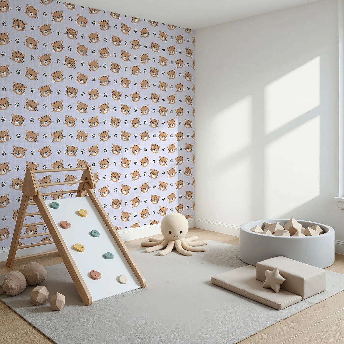 Angled view of Whimsy Tots' Tiger Grid Giggles Wallpaper in Lilac Lavender (W3465E).Silly tiger faces and tiny paw prints smile across a dreamy lilac grid.