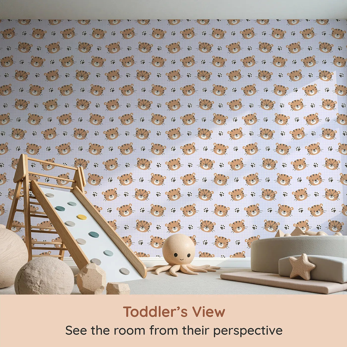 Whimsy Tots Tiger Grid Giggles Wallpaper in Lilac Lavender (W3465E) from your child's view.Silly tiger faces and tiny paw prints smile across a dreamy lilac grid.
