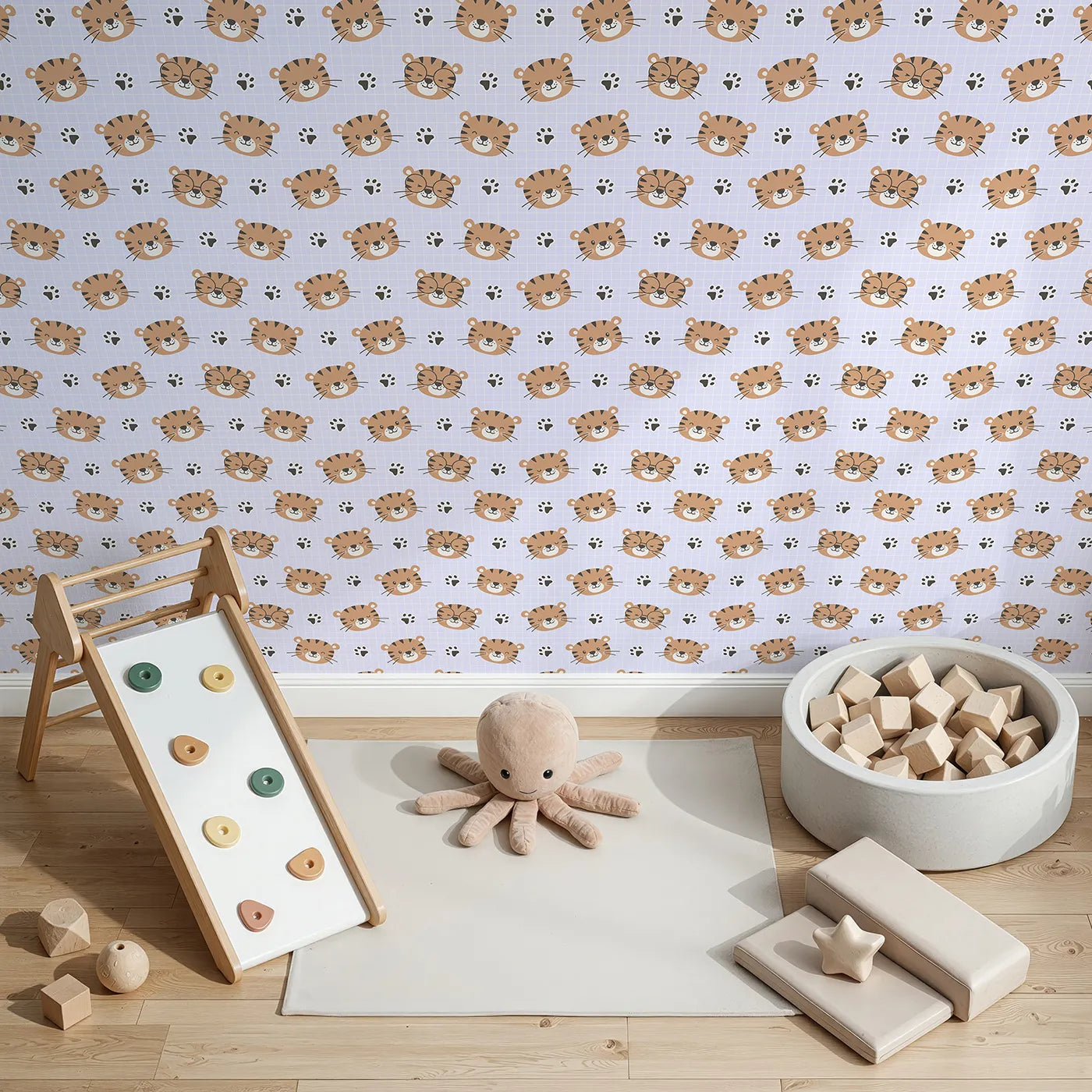 Top-Down view of Whimsy Tots' Tiger Grid Giggles Wallpaper in Lilac Lavender (W3465E).Silly tiger faces and tiny paw prints smile across a dreamy lilac grid.
