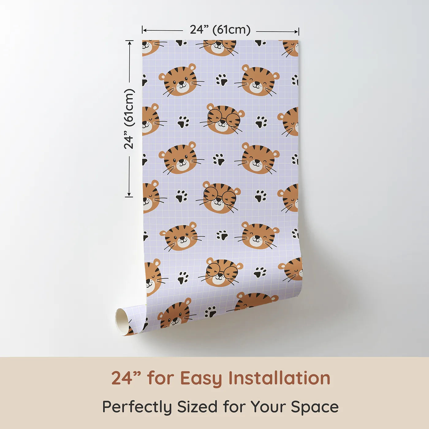 Dimension view of Whimsy Tots Tiger Grid Giggles Wallpaper in Lilac Lavender (W3465E). Printed in 24-inch-wide panel for easy installation. Silly tiger faces and tiny paw prints smile across a dreamy lilac grid.