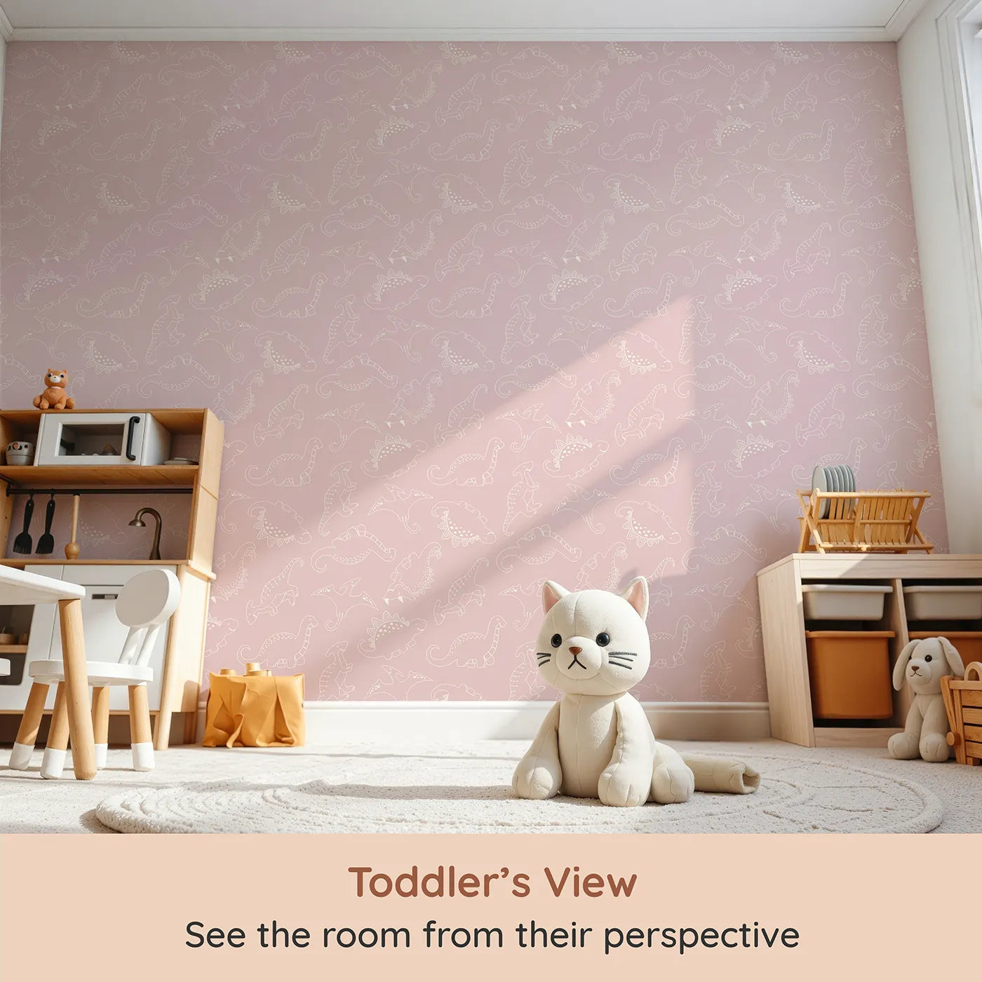 Whimsy Tots Dino Scribble Parade Wallpaper in Blush Pink (W3466B) from your child's view.Gentle dino sketches twirl across a soft blush pink sky.