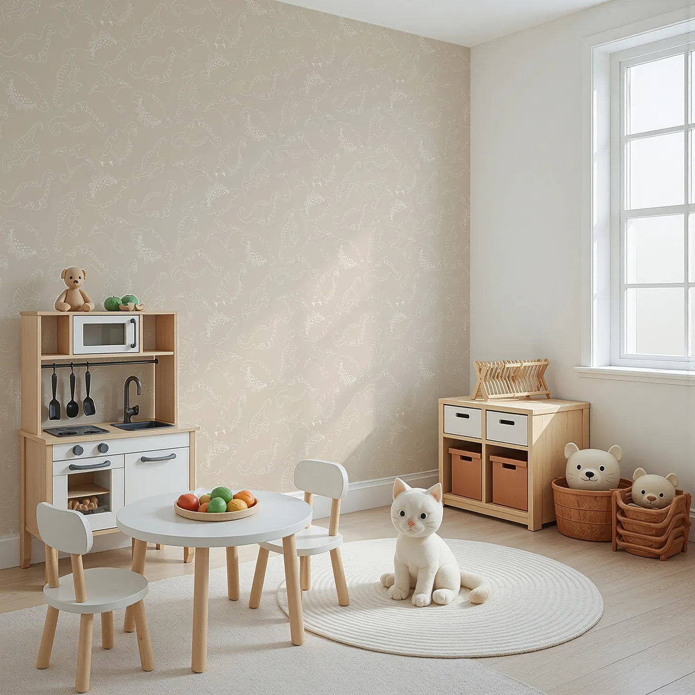 Angled view of Whimsy Tots' Dino Scribble Parade Wallpaper in Beige (W3466C).Creamy dino sketches drift gently across a warm beige sky.