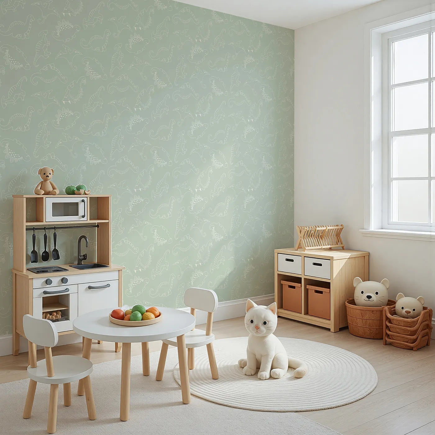 Angled view of Whimsy Tots' Dino Scribble Parade Wallpaper in Sage Green (W3466D).Creamy dinos stroll calmly across a pale sage green sky.