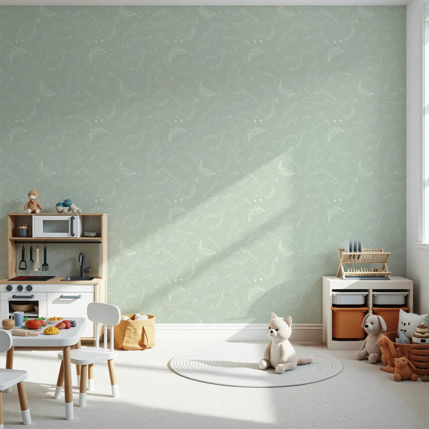 Front view of Whimsy Tots' Dino Scribble Parade Wallpaper in Sage Green