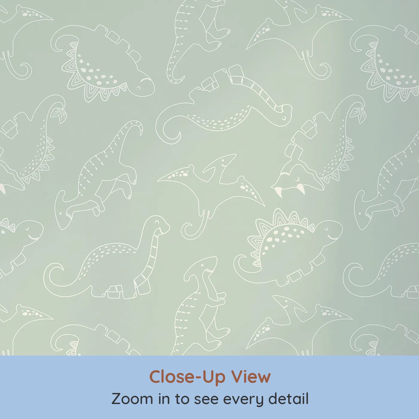 Close-up view of Whimsy Tots' Dino Scribble Parade Wallpaper in Sage Green (W3466D).Creamy dinos stroll calmly across a pale sage green sky.