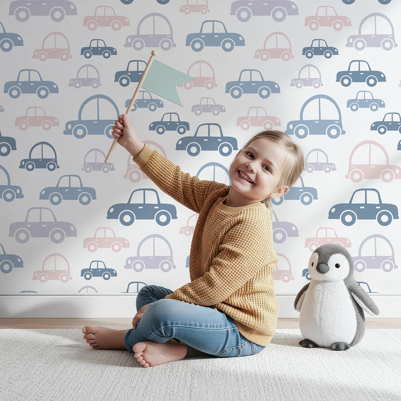 Lovely child standing in front of Whimsy Tots Tiny Toot Toot Cars Wallpaper in Soft Mix with car, vehicle, pastel, transportation in design.