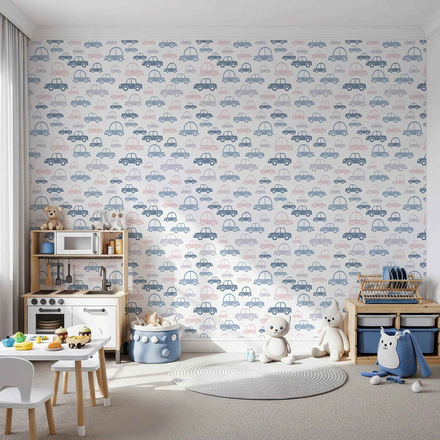 Front view of Whimsy Tots' Tiny Toot Toot Cars Wallpaper in Soft Mix