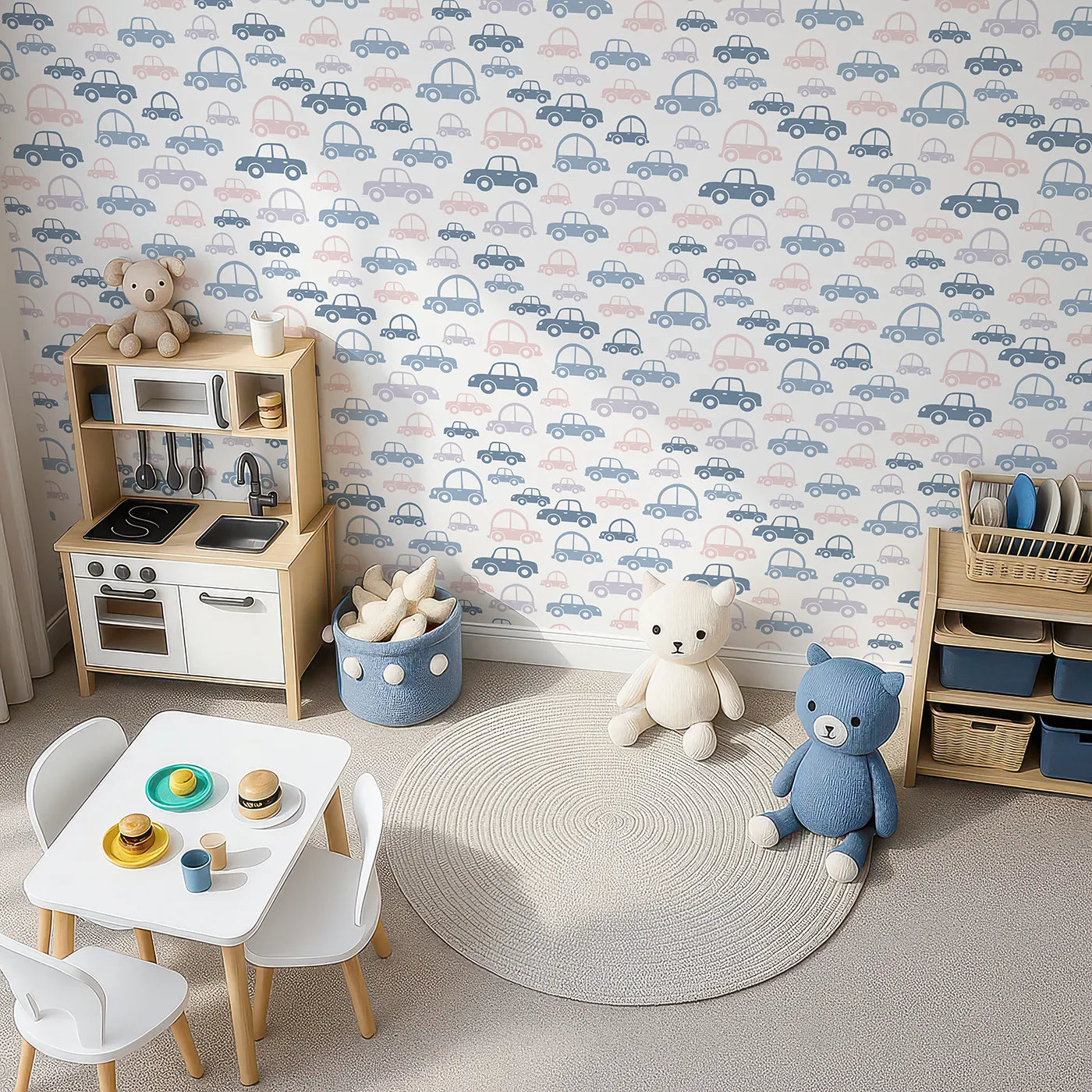 Top-Down view of Whimsy Tots' Tiny Toot Toot Cars Wallpaper in Soft Mix (W3467A).Colorful little cars zoom gently across a clean white sky.