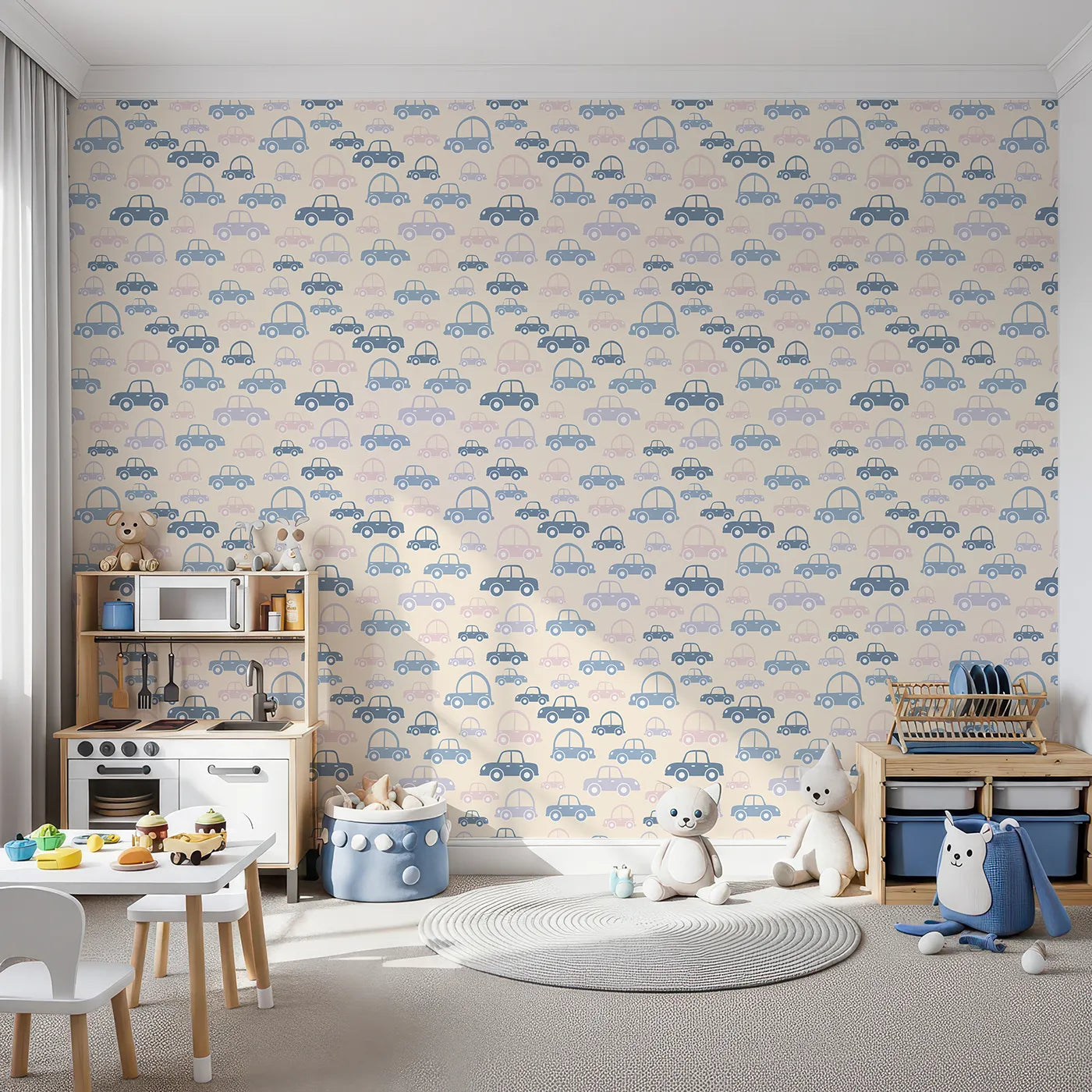 Front view of Whimsy Tots' Tiny Toot Toot Cars Wallpaper in Beige
