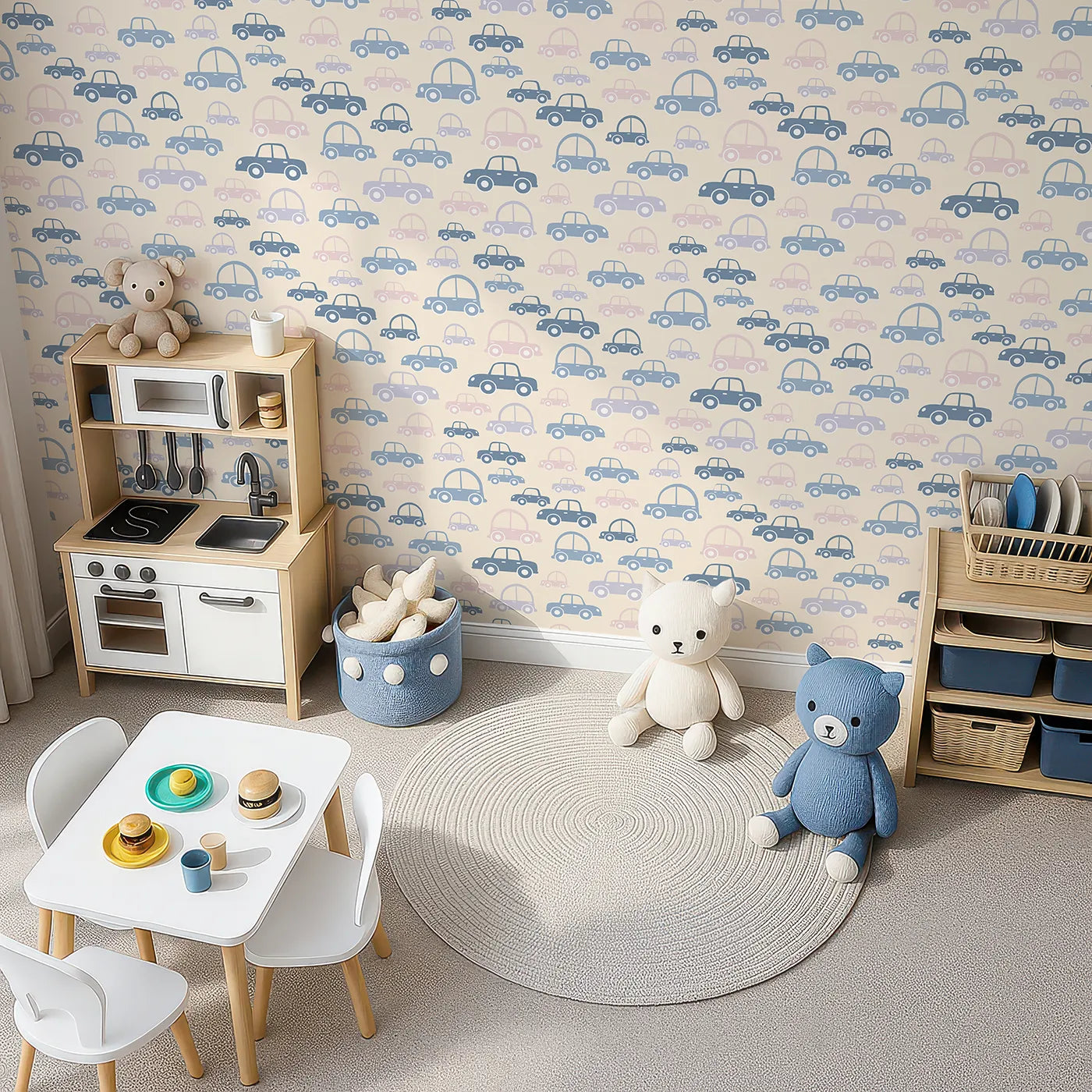 Top-Down view of Whimsy Tots' Tiny Toot Toot Cars Wallpaper in Beige (W3467B).Pastel cars cruise across a cozy beige backdrop, ready for gentle adventures.