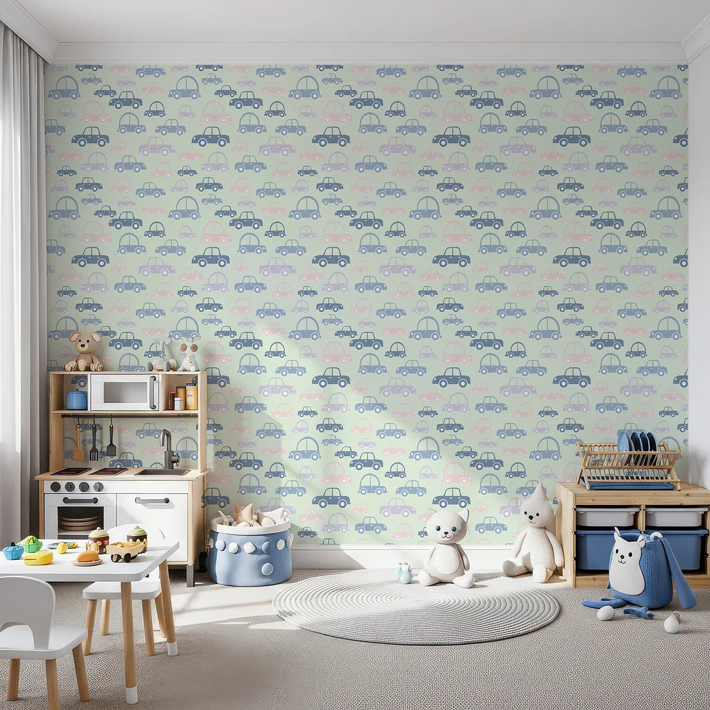 Front view of Whimsy Tots' Tiny Toot Toot Cars Wallpaper in Sage Green