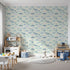 Front view of Whimsy Tots' Tiny Toot Toot Cars Wallpaper in Sage Green