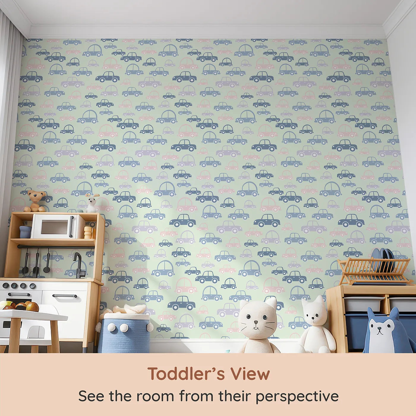 Whimsy Tots Tiny Toot Toot Cars Wallpaper in Sage Green (W3467C) from your child's view.Pastel cars drive gently across a dreamy sage green landscape.