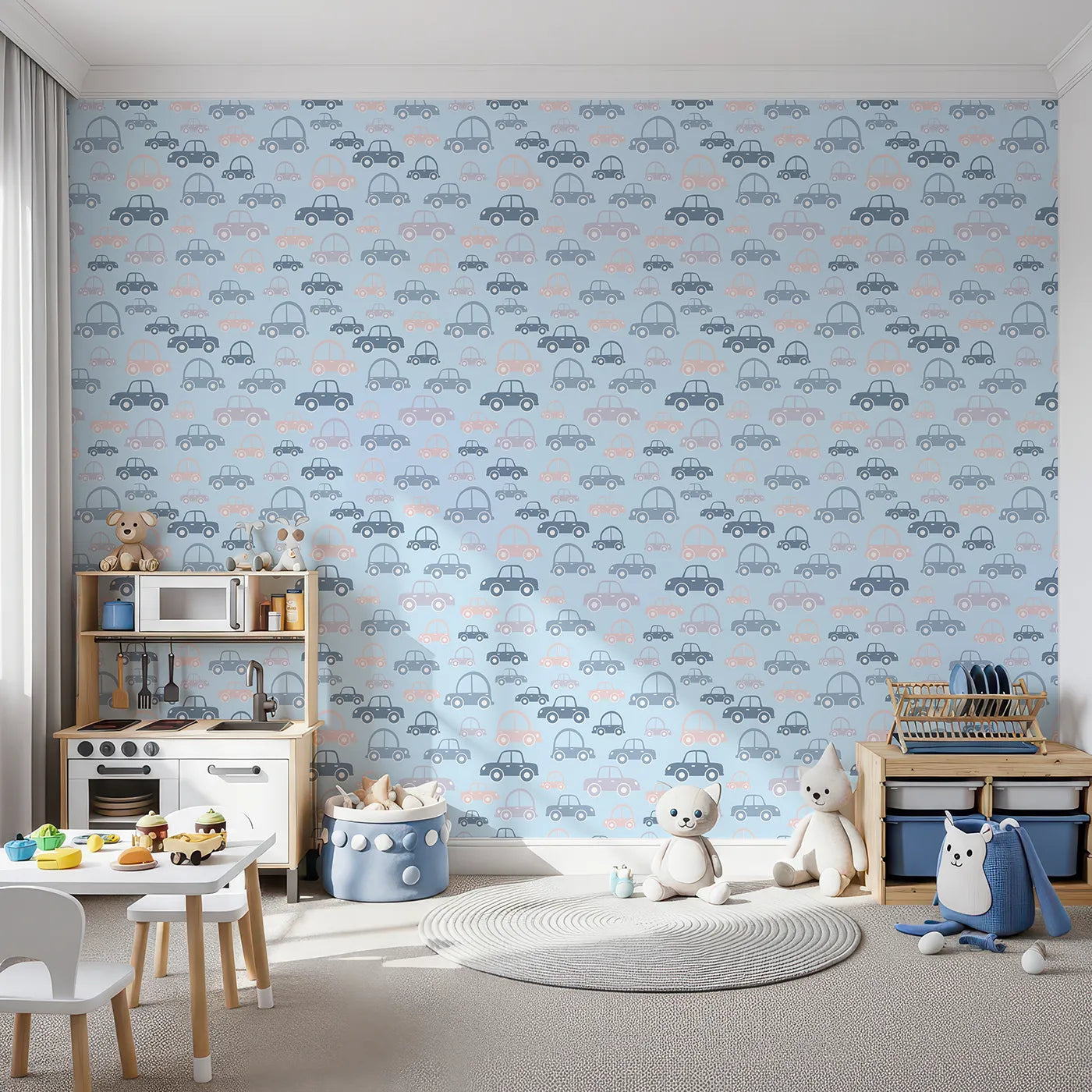Front view of Whimsy Tots' Tiny Toot Toot Cars Wallpaper in Blue