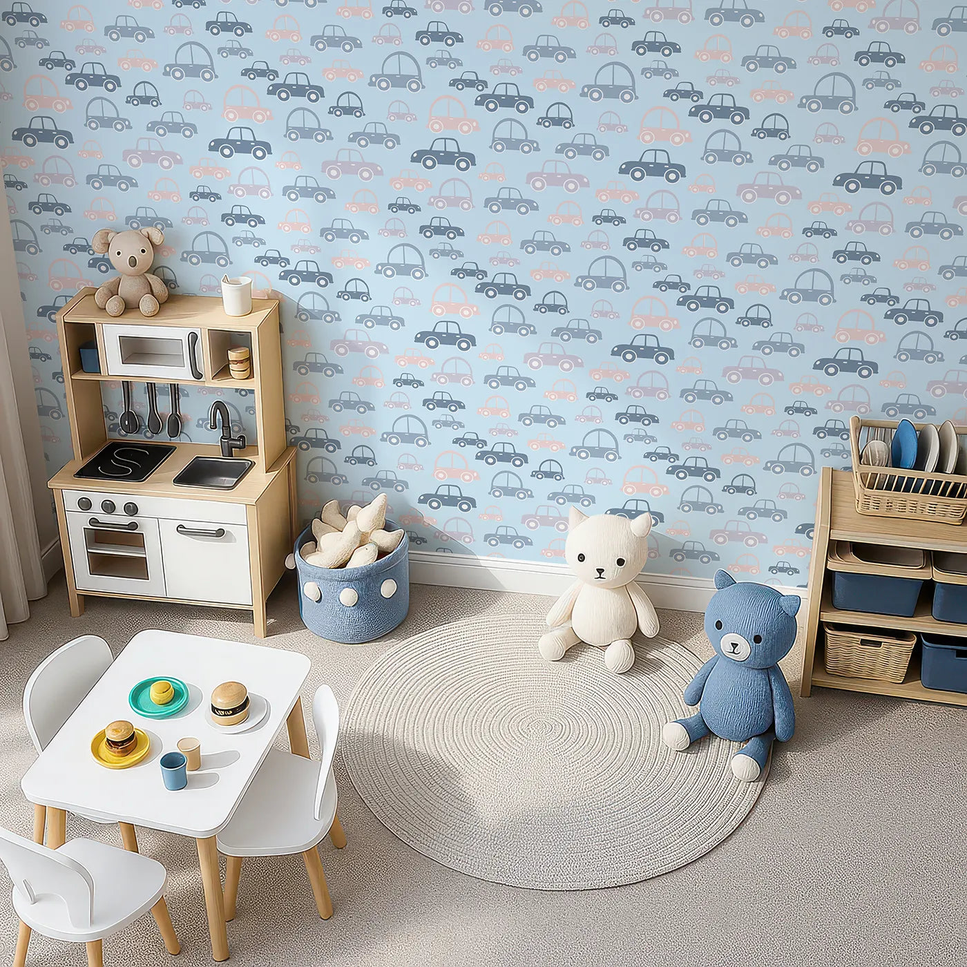 Top-Down view of Whimsy Tots' Tiny Toot Toot Cars Wallpaper in Blue (W3467D).Pastel cars zoom playfully across a breezy blue background.