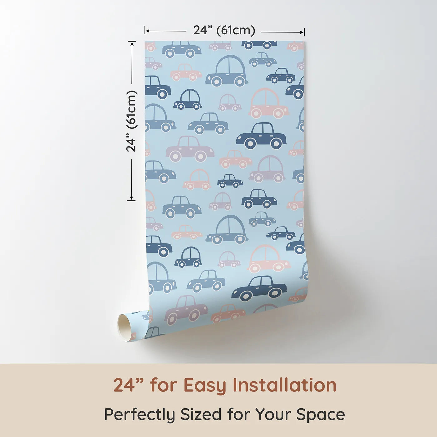 Dimension view of Whimsy Tots Tiny Toot Toot Cars Wallpaper in Blue (W3467D). Printed in 24-inch-wide panel for easy installation. Pastel cars zoom playfully across a breezy blue background.