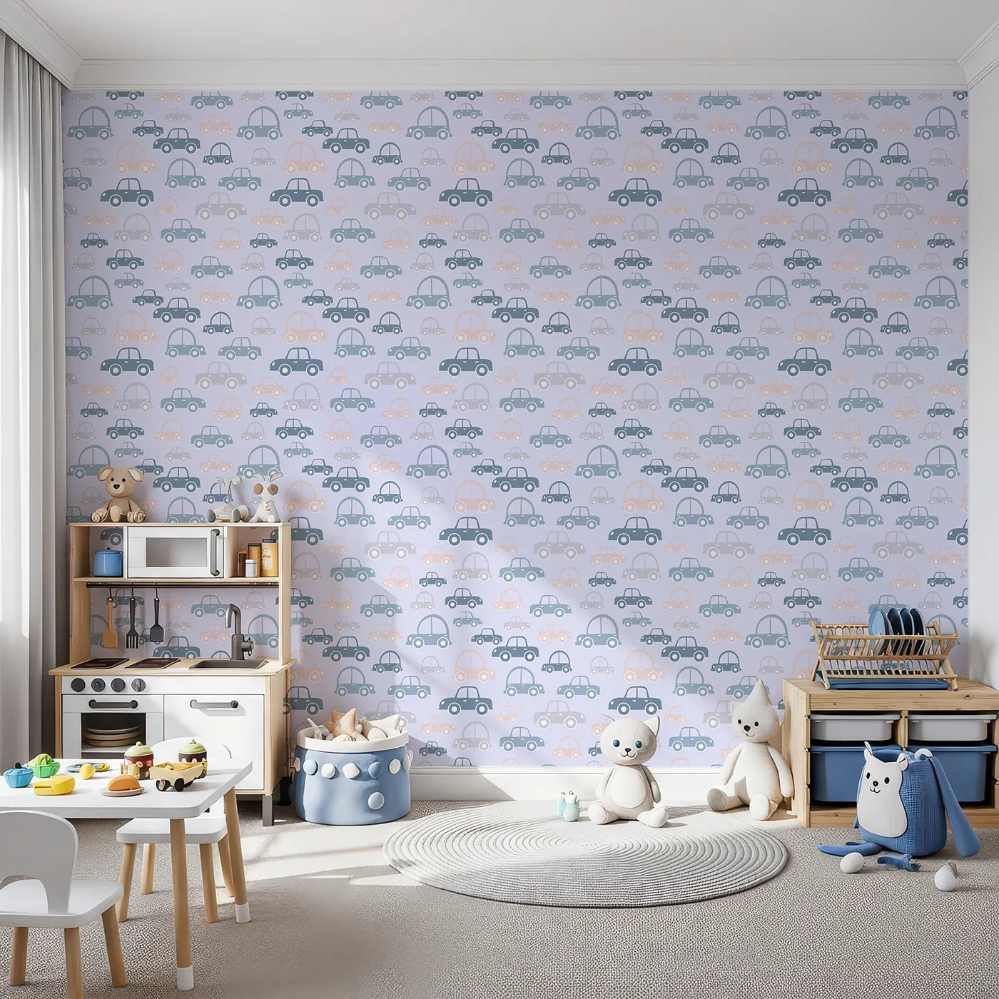 Front view of Whimsy Tots' Tiny Toot Toot Cars Wallpaper in Lilac Lavender