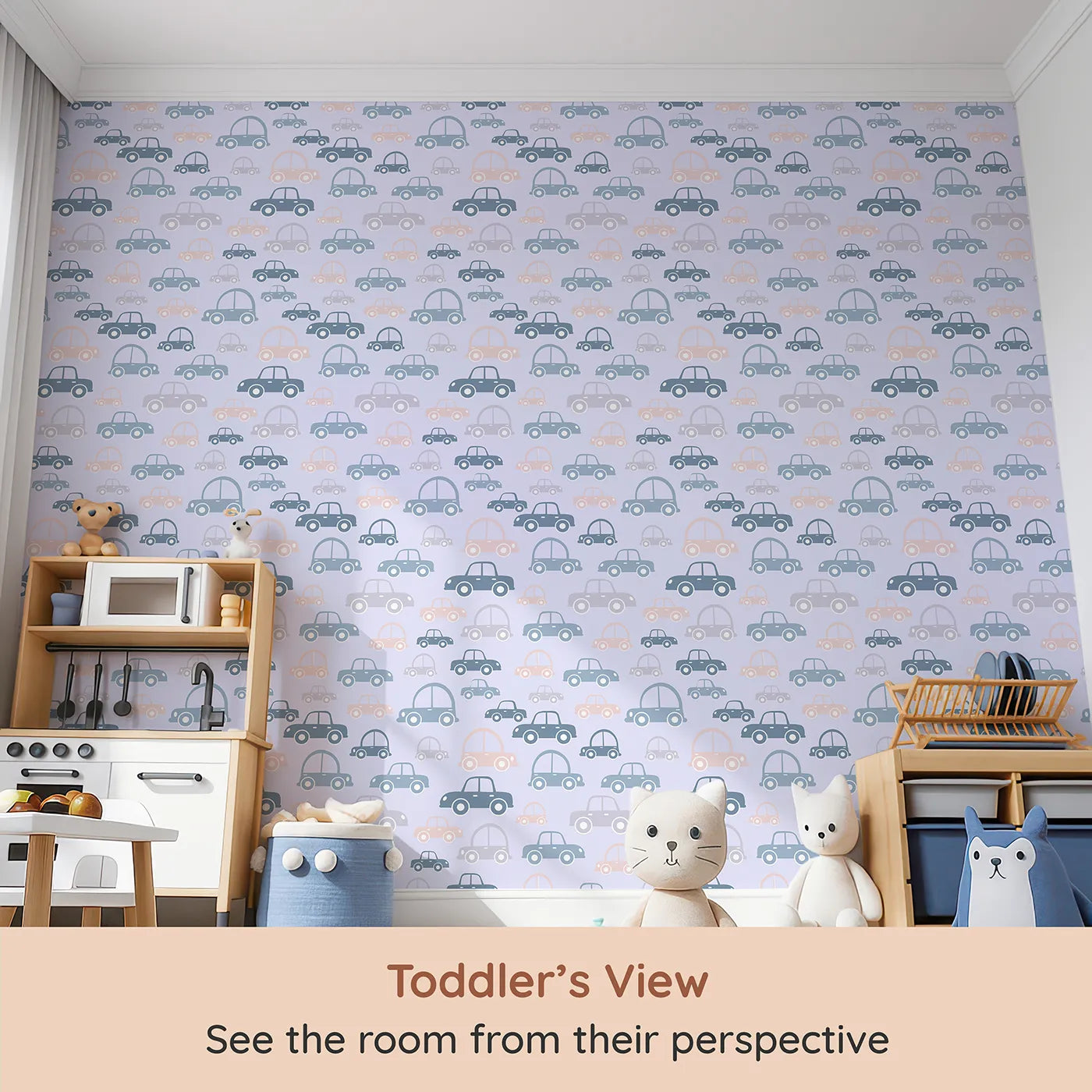 Whimsy Tots Tiny Toot Toot Cars Wallpaper in Lilac Lavender (W3467E) from your child's view.Sweet pastel cars glide gently across a soft lilac sky.