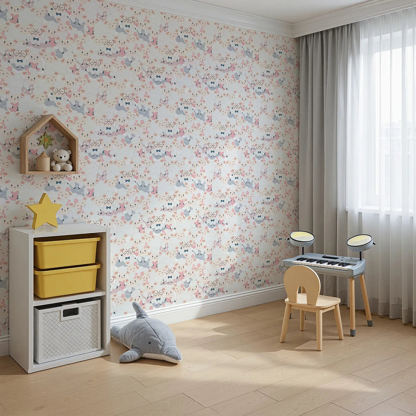 Angled view of Whimsy Tots' Fluffy Hearts Flock Wallpaper (W3468).Smiling sheep with bows, hearts, and glasses huddle in a joyful pastel flock.